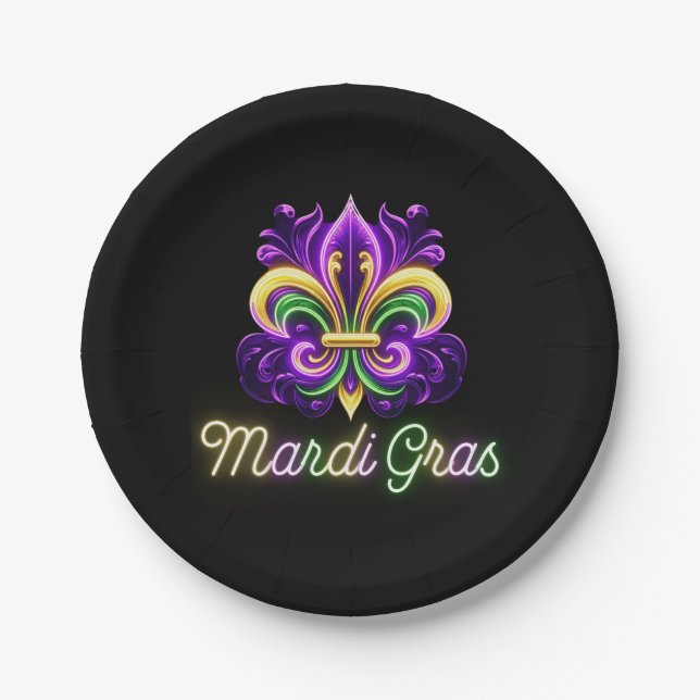 Colourful Neon Mardi Gras Fleur de lis Paper Plate (Front)