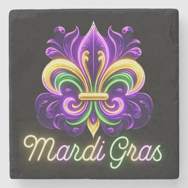 Colourful Neon Mardi Gras Fleur de lis Stone Coaster (Front)