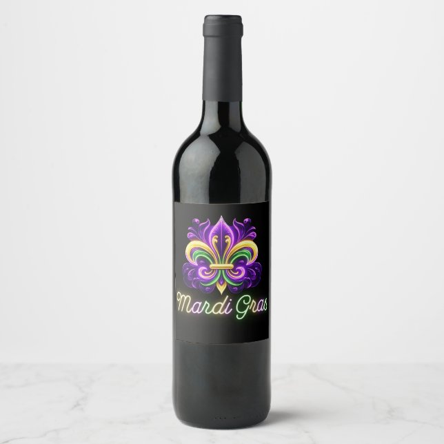Colourful Neon Mardi Gras Fleur de lis Wine Label (Front)