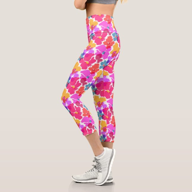 Colourful Neon Modern Flower Pattern Capri Leggings (Left)