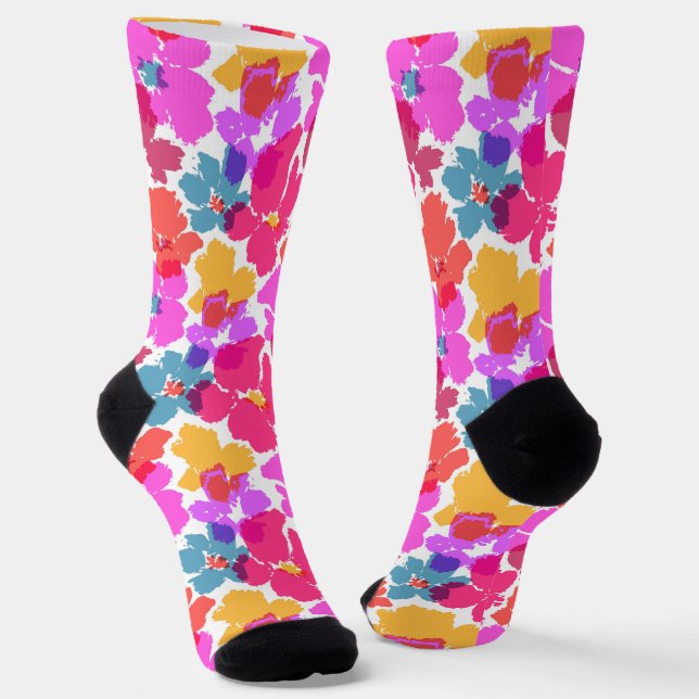 Colourful Neon Modern Flower Pattern Socks (Angled)