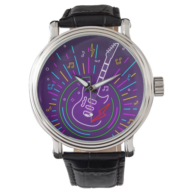 Colourful Neon Music Background With Guitar Watch (Front)