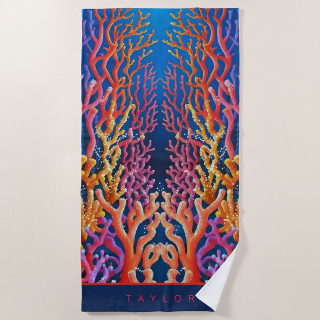 Colourful Neon Orange Ocean Coral Personalised Beach Towel (Front)