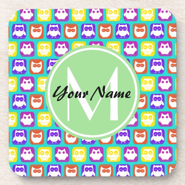 Colourful Neon Owl Custom Monogram, Personalised Coaster (Front)