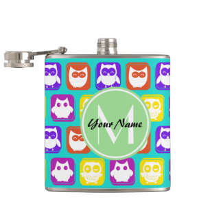 Colourful Neon Owl Custom Monogram, Personalised Hip Flask