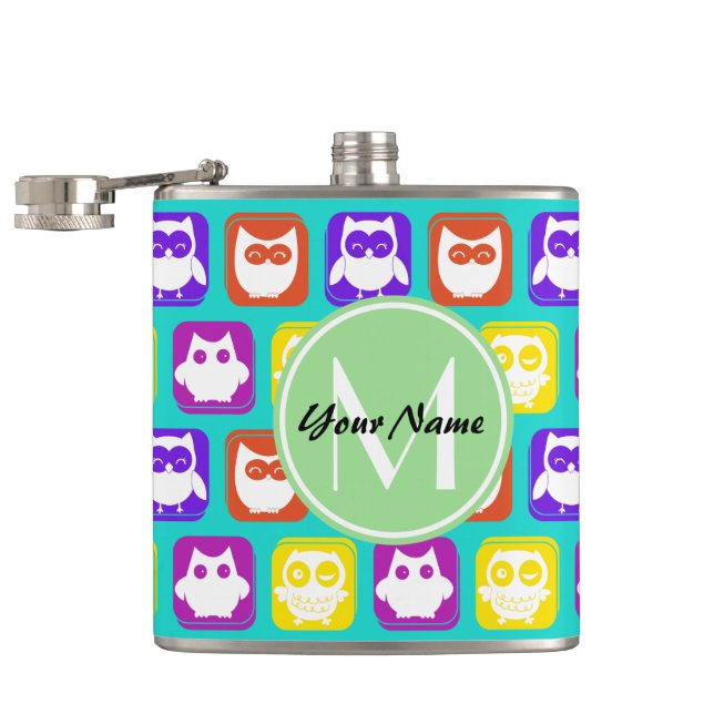 Colourful Neon Owl Custom Monogram, Personalised Hip Flask (Opened)