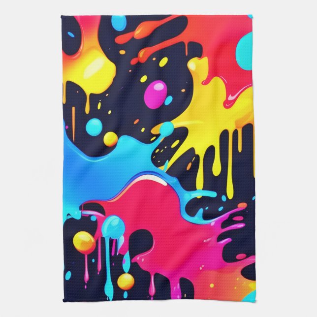 Colourful Neon Paint Splatter Art Tea Towel (Vertical)