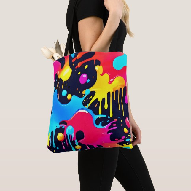 Colourful Neon Paint Splatter Art Tote Bag (Close Up)