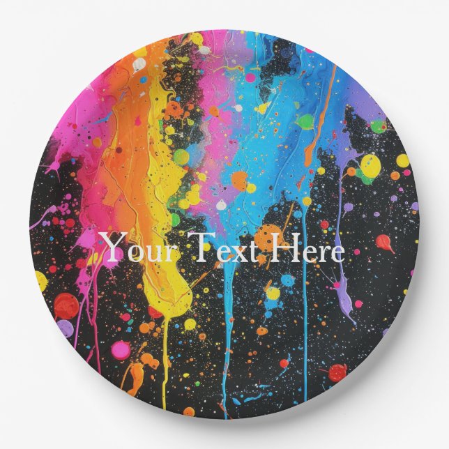 Colourful Neon Paint Splatter Customised Paper Plate (Front)