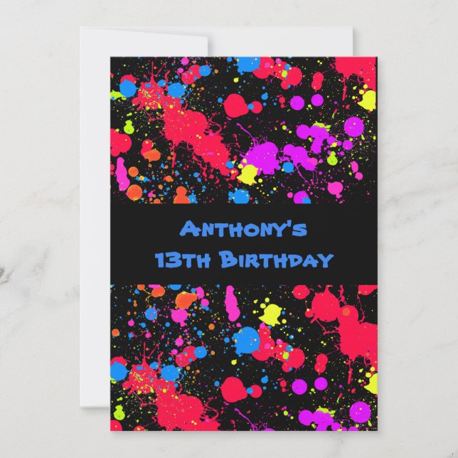 Colourful Neon, Paint Splatter Paintball Birthday Invitation (Front)