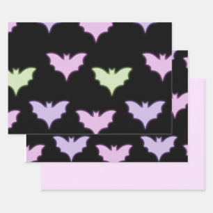 Colourful Neon Pink Purple Green Bats Halloween Wrapping Paper Sheet