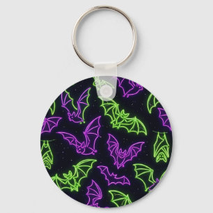 Colourful Neon Purple Green Bats Halloween Key Ring