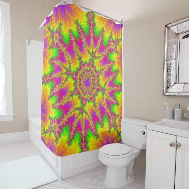 Colourful Neon Rainbow Fractal Shower Curtain (In Situ)