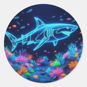 Colourful neon shark  classic round sticker