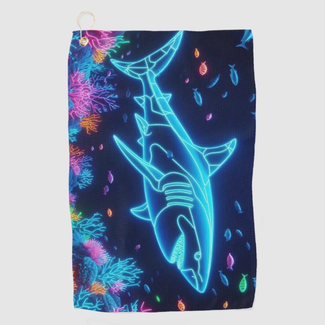 Colourful neon shark  golf towel (Front)