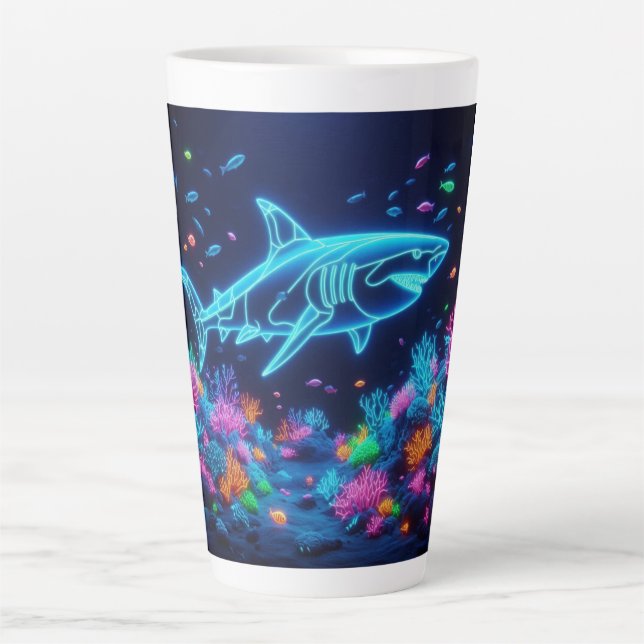 Colourful neon shark  latte mug (Front)