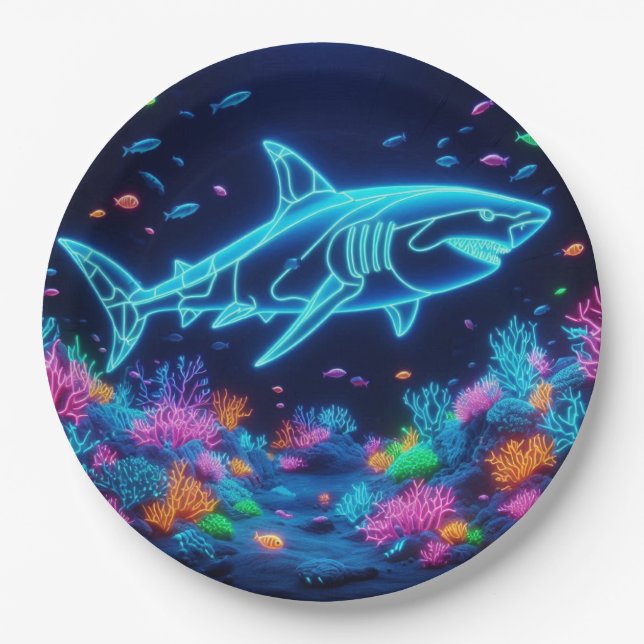 Colourful neon shark  paper plate (Front)
