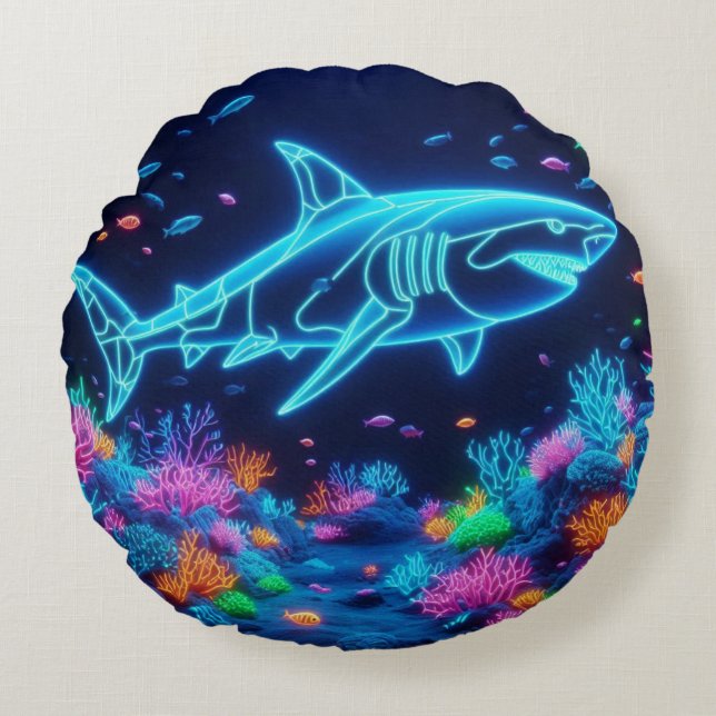 Colourful neon shark  round cushion (Front)