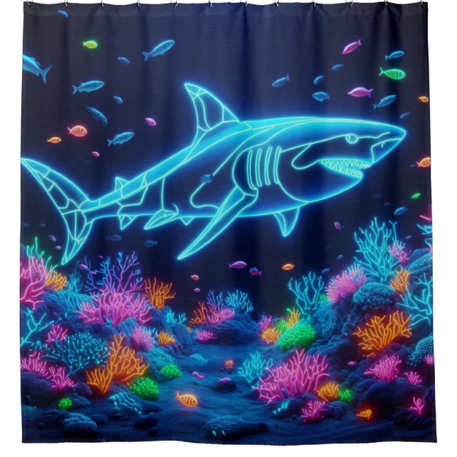Colourful neon shark  shower curtain (Front)