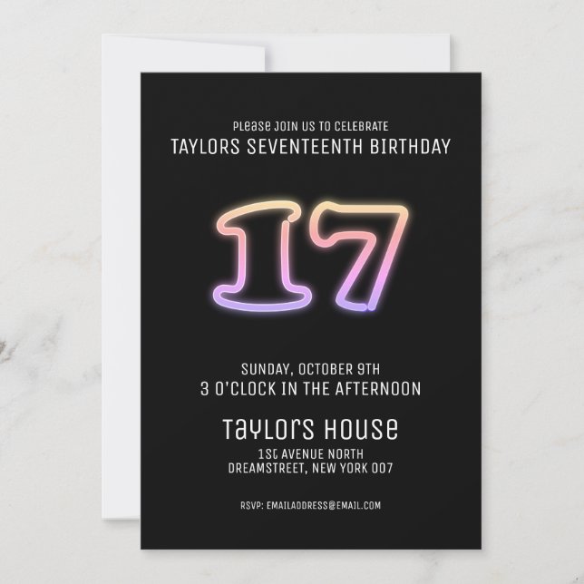 Colourful Neon Sign 17th Trendy Birthday Party Invitation (Front)