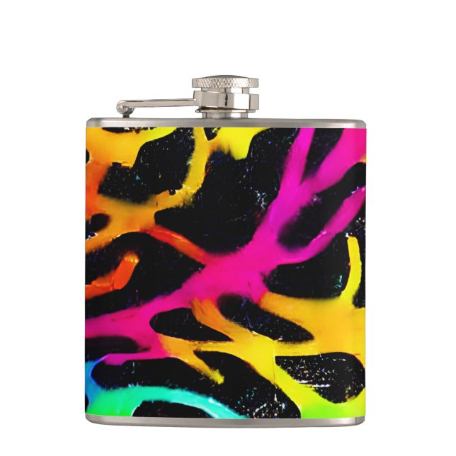 Colourful neon splatter paint design hip flask (Front)