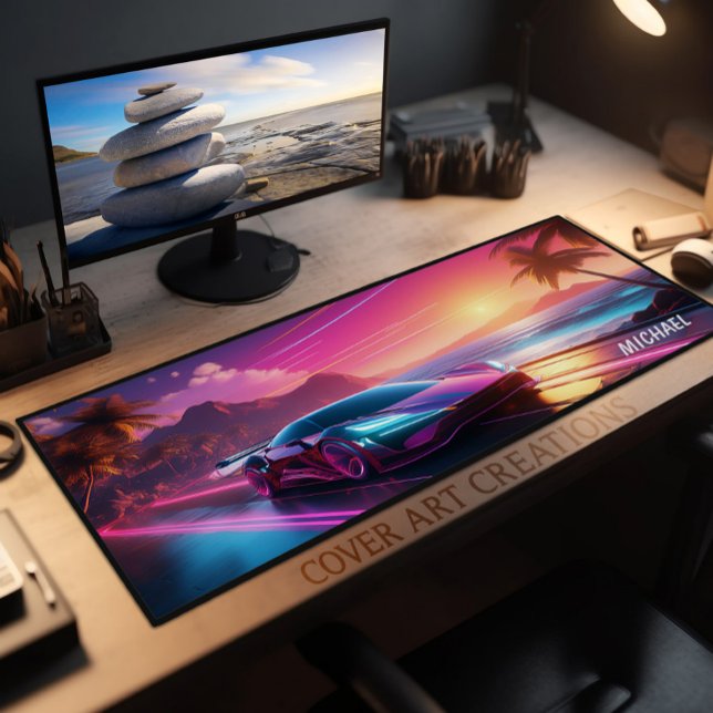 Colourful Neon Sportscar Sunset Desk Mat (Creator Uploaded)