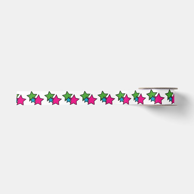 Colourful Neon Star Trio Pattern Satin Ribbon (Front)
