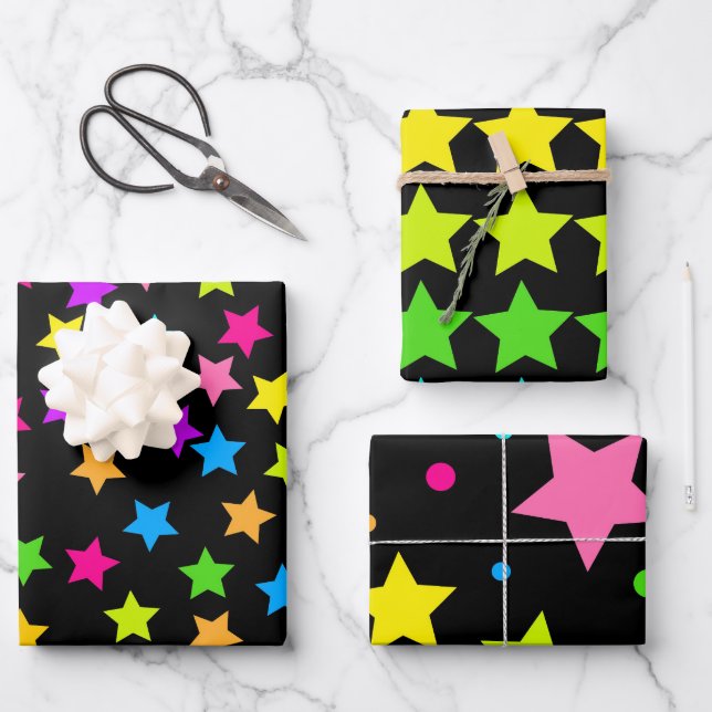 Colourful Neon Stars on Black Wrapping Paper Sheet (Front)