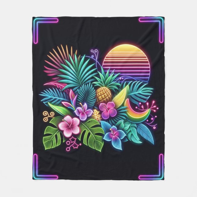 Colourful Neon tropical/Hawaiian Fleece Blanket (Front)