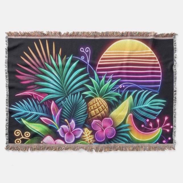 Colourful Neon tropical/Hawaiian Throw Blanket (Front)