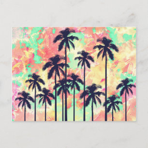 Colourful Neon Watercolor with Black Palm Trees Postcard