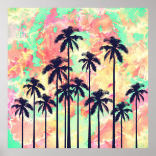Colourful Neon Watercolor with Black Palm Trees Poster