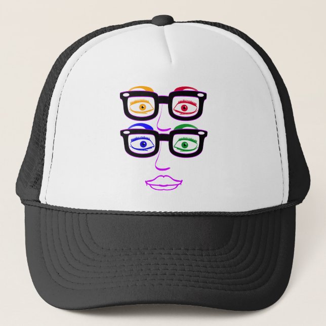 Colourful Nerdy Four Eyes Trucker Hat (Front)