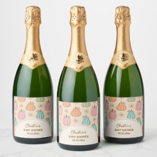 Colourful Neutral Beige Pumpkin Pattern Baby Showe Sparkling Wine Label