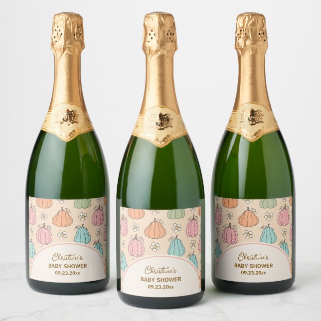 Colourful Neutral Beige Pumpkin Pattern Baby Showe Sparkling Wine Label (Bottles)
