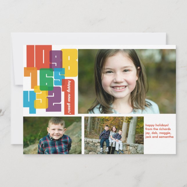 Colourful New Year 3 Photo Holiday Card (Front)