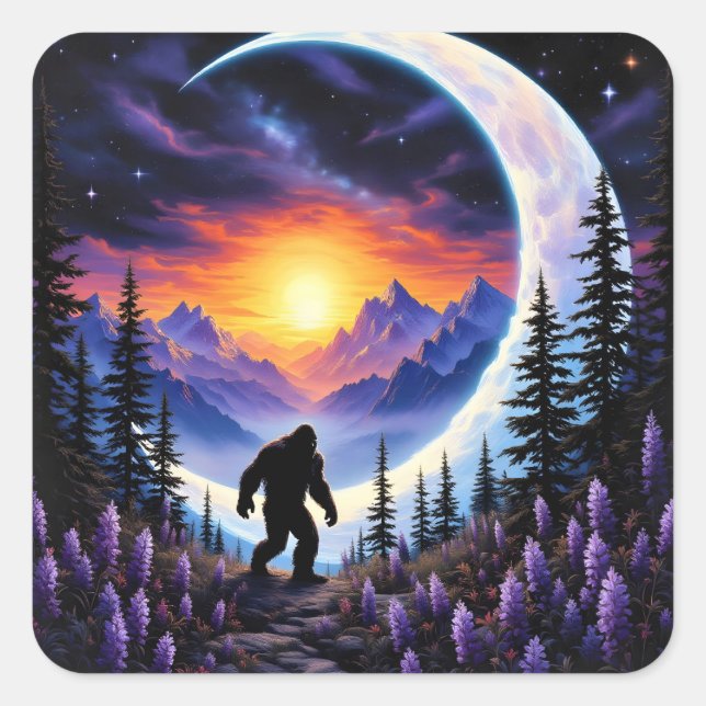 Colourful night sky Sasquatch Stroll, crescent moo Square Sticker (Front)