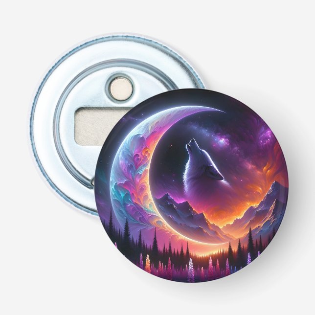 Colourful night sky Wolf howl crescent moon Bottle Opener (Front)