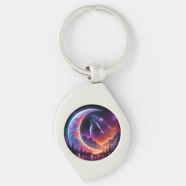 Colourful night sky Wolf howl crescent moon Key Ring (Front)