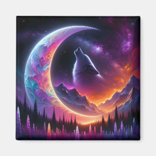 Colourful night sky Wolf howl crescent moon Magnet