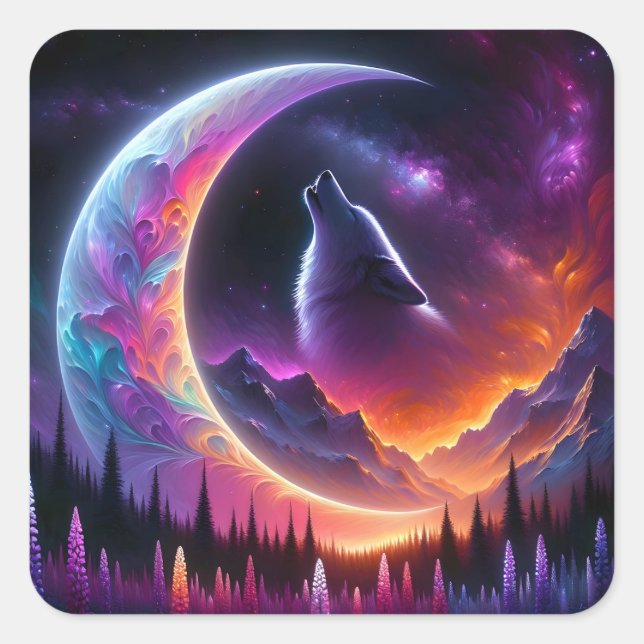 Colourful night sky Wolf howl crescent moon Square Sticker (Front)