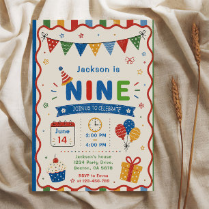 Colourful NINE 9th Birthday Party Invitation