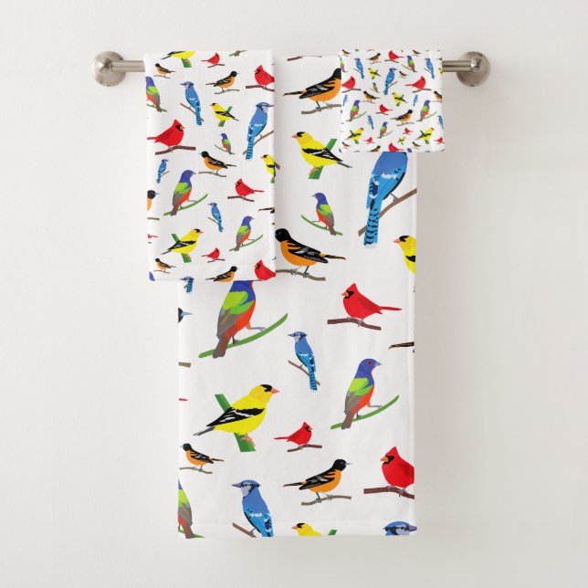 Colourful North American Birds Pattern Bath Towel Set (Insitu)