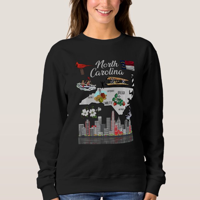 Colourful North Carolina Map Popular Landmarks And Sweatshirt (Front)