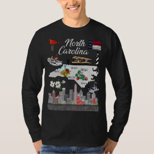 Colourful North Carolina Map Popular Landmarks And T-Shirt
