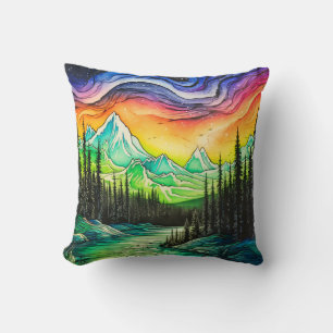 Colourful Northern Light Illustration Cushion