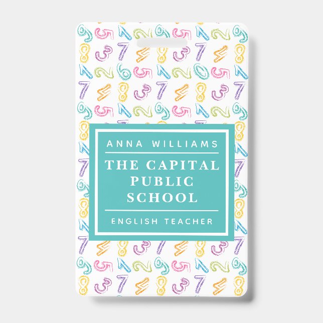 Colourful Number Elementary School Math Teacher ID Badge (Front)