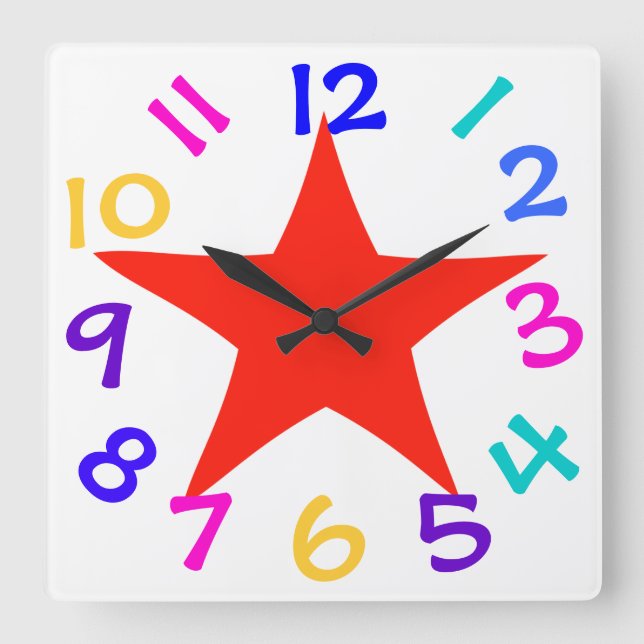 Colourful Numbers Red Star Wall Clock (Front)