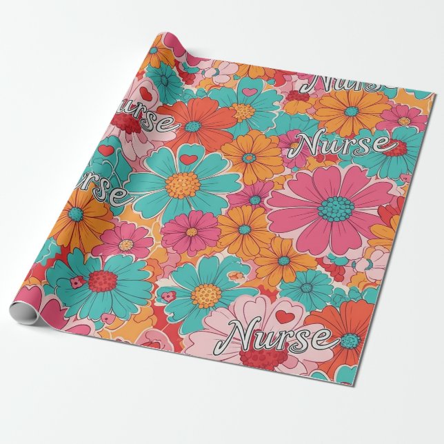 Colourful Nurse Floral Pattern (1) Wrapping Paper (Unrolled)