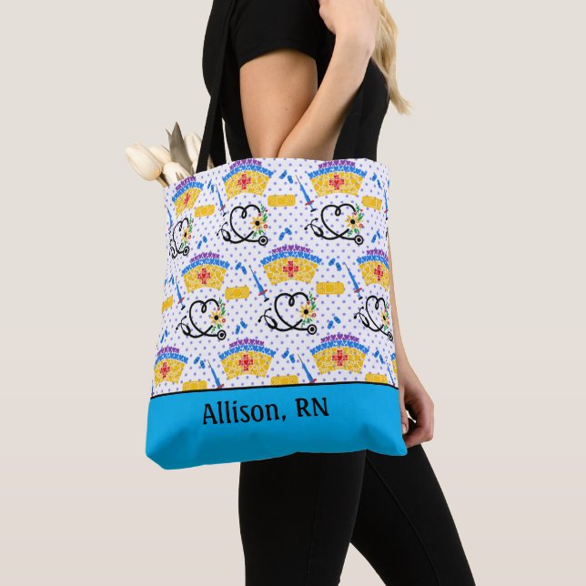 Colourful Nursing Tools on Blue Polka Dots Tote Ba Bag (Close Up)